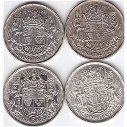 4 Canadian Silver 50-Cent Half Dollar Coins - 1943, 1944, 1945 & 1946