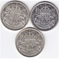 3 Canadian Silver 50-Cent Half Dollar Coins - All MS-60+ - 1952, 1954 & 1956
