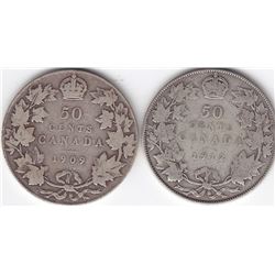 Pair of Canada Silver 50-Cent Half Dollar Coins - 1909 & 1912