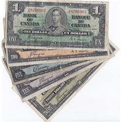 Set of 5 1937 Bank of Canada Bank Notes