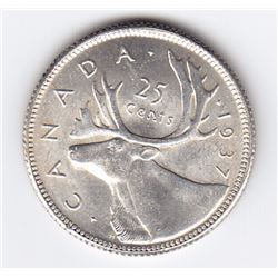 1937 Canada Silver 25-Cent Quarter Coin - AU, Rim Nicks