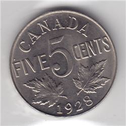 Canada 1928 5 Cent Coin - ICCS Graded AU-55
