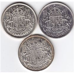 3 Canadian Silver 50-Cent Half Dollar Coins: 1940-1957