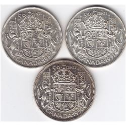 1950-1952 Canadian Silver 50-Cent Half Dollar Coins: AU+