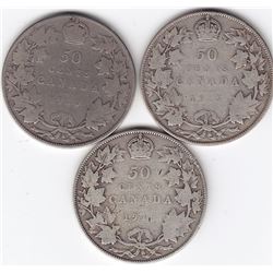 3 Canadian Sterling Silver 50-Cent Coins: 1910-1918