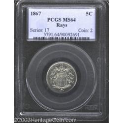 1867 5C Rays MS64 PCGS.