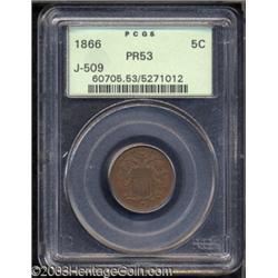 1866 5C Shield Five Cents, Judd-509, Pollock-592, R.6, PR53 PCGS.