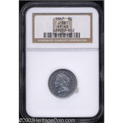 1867 5C Five Cents, Judd-561, Pollock-622, R.5-6, PR63 NGC.