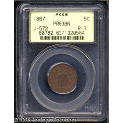 1867 5C Shield Five Cents, Judd-572, Pollock-648, R.7, PR63 Brown PCGS.