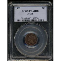 1869 3C Three Cent Nickel, Judd-678, Pollock-757, R.7, PR64 Red and Brown PCGS.