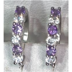 #43-STERLING SILVER AMETHYST HOOP EARRINGS