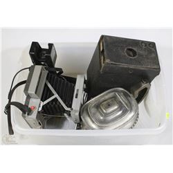 ESTATE TOTE OF ANTIQUES INCL CAMERA, LAMP, & MORE