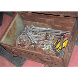 METAL STORAGE BOX W/ COME ALONGS, TURN BUCKLES &