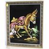 Image 1 : FRAMED VELVET DONKEY PAINTING - 19"X16"