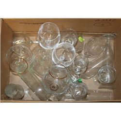 BOX OF WINE AND OTHER LIQUOR GLASSES
