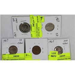 LOT OF 5 ASSORTED CANADIAN 1967 CANADIAN COINS
