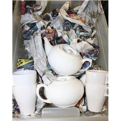 BOX OF CERAMIC TEA POTS , CUPS AND MORE ....