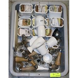 BIN OF SALT AND PEPPER SHAKERS AND CREAM, MILK &