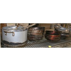 SHELVE OF ASSORTED FRYING PANS AND POTS