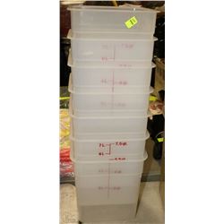 STACK OF SEVEN 7.5QT LIQUID CONTAINERS