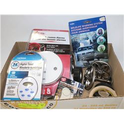BOX W/NEW HOUSEHOLD ITEMS INCL. SMOKE