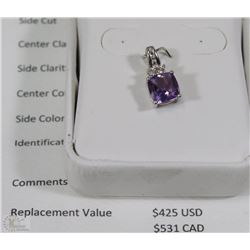 STERLING SILVER AMETHYST & DIAMOND PENDANT  W/COA