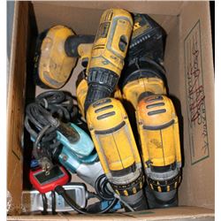 BOX W/ 2 DEWALT HAMMER DRILLS, DEWALT DRILL, &