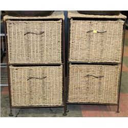 PAIR OF METAL AND WICKER END TABLES