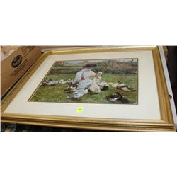 FRAMED PRINT OF A GIRL FEEDING HER DUCKS (18"X22"