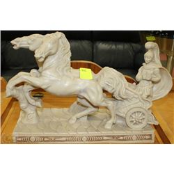 VINTAGE ROMAN CHARIOT & HORSES STATUE FAUX MARBLE