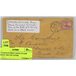 CANADA'S FIRST CENTS STAMP ISSUE 1863 ON COVER