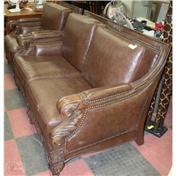 LEATHER AND CARVED WOOD  SOFA  AND CHAIR