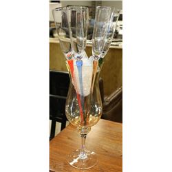 6 COLOURED LONG STEM CHAMPAGNE FLUTES WITH VASE