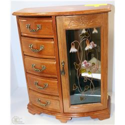 LARGE WOOD JEWELLERY CABINET W/ GLASS PANEL (14"H)