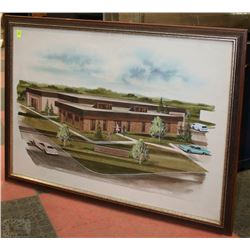 FRAMED PRINT OF 1960'S SCENE WITH CARS (24"X32")