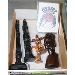 FLAT OF CARVED AFRICAN PCS INCL TOTEM POLES, INUIT