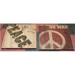 2 WOODEN WALL HANGINGS "PEACE" AND "NO WAR"