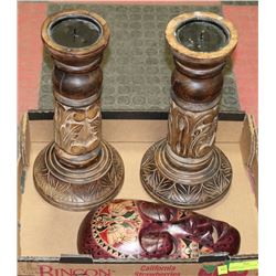 2 WOODEN CANDLE HOLDERS AND WOODEN MASK