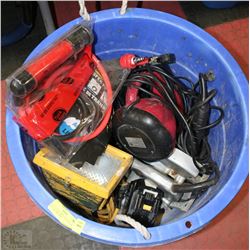 BLUE TUB W/ CIRCULAR SAW, AIR NAILER, AND ASSORTED