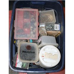 BLUE TOTE FULL OF ASSORTED NAILS AND SCREWS