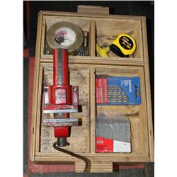 WOOD TOOL BOX W/ ASSORTED TOOLS INCL DEWALT DRILL