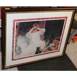 FRAMED PRINT OF A GIRL WITH HER KITTENS (18" X22"