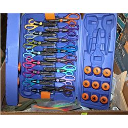 BOX WITH SCRAPBOOKING SUPPLIES INCL SCISSORS SET