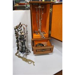 VINTAGE JEWELLERY BOX WITH CONTENTS AND MORE