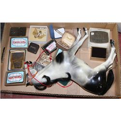 FLAT WITH TOY HORSE AND VINTAGE BELT BUCKLES