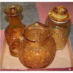 LOT OF 3 VINTAGE AMBER GLASS PIECES INCL PITCHER,