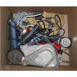 BOX W/ MASTERCRAFT GRINDER, WORK GLOVES, AND MORE