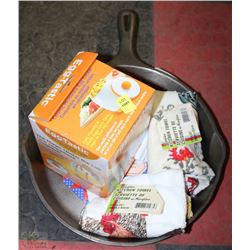 NEW CAST IRON FRYING PAN,TEA TOWELS, EGG-TASTIC