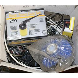 BOX OF ASSORTED CABLE, BADGER AIR BRUSH ,12V FAN,