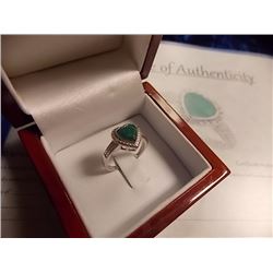 RING - HEART FACETTED 1.7CT GREEN EMERALD & 2 DIAMONDS IN STERLING ISLVER SETTING - INCLUDES CERTIFI
